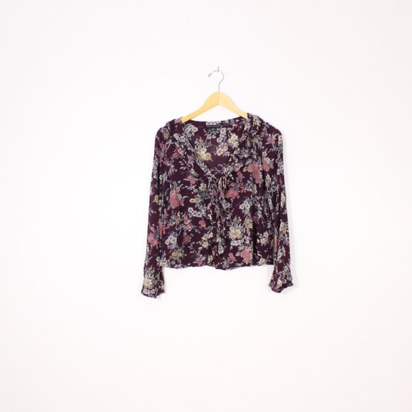 *American Eagle Floral Blouse Shirt Purple Flowy Long Sleeve - Picture 4 of 7